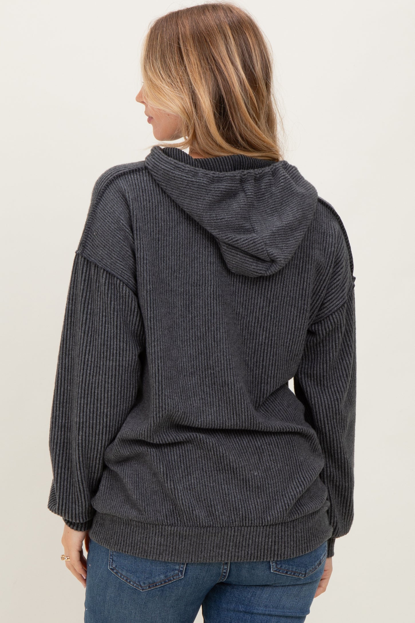 Charcoal Long Sleeve Brushed Urban Rib Hoodie Top