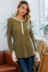Olive Colorblock Snap Button Henley