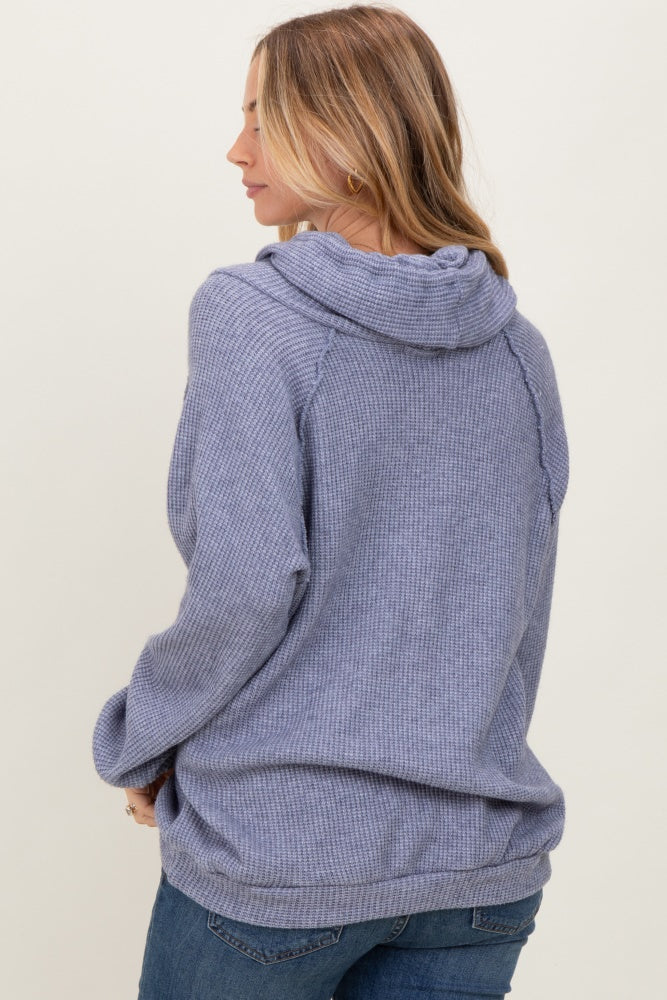 Denim Blue Long Sleeve Solid Hoodie Top