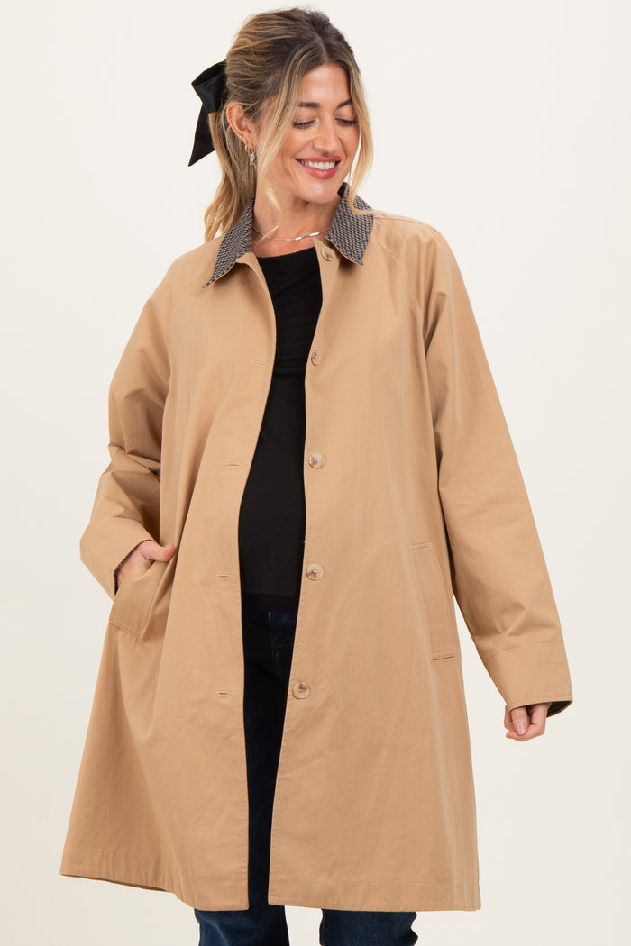 Camel Plaid Contrast A-Line Maternity Midi Trench Coat