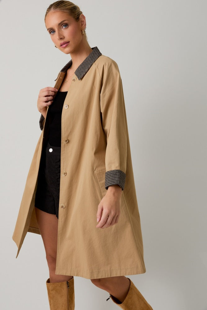 Camel Plaid Contrast A-Line Midi Trench Coat
