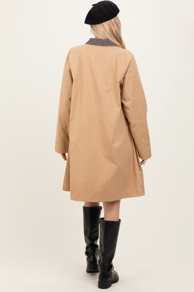 Camel Plaid Contrast A-Line Midi Trench Coat