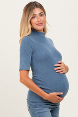 Denim Blue Soft Brushed Knit Mock Neck Maternity Top