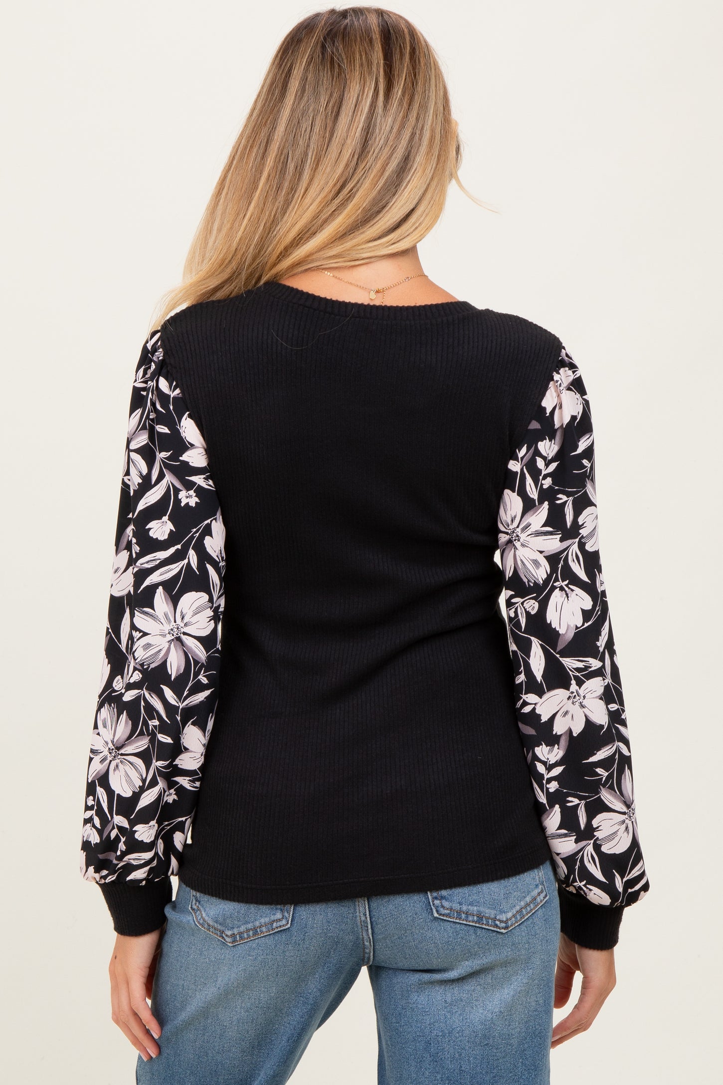 Black Floral Sleeve Ribbed Knit Maternity Top