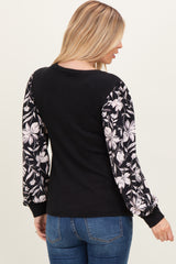 Black Floral Sleeve Ribbed Knit Top