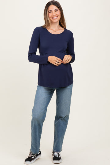 Navy French Terry Long Sleeve Scoop Neck Maternity Top