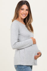 Heather Grey French Terry Long Sleeve Scoop Neck Maternity Top
