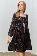 Black Floral Velvet Ruffle Accent Dress