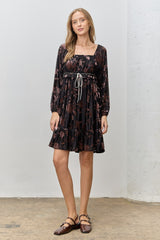 Black Floral Velvet Ruffle Accent Dress