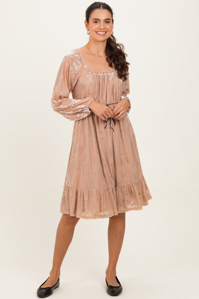 Mocha Floral Velvet Ruffle Accent Maternity Dress