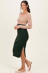 Beige Knit Colorblock Long Sleeve Midi Dress