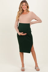 Beige Knit Colorblock Long Sleeve Maternity Midi Dress