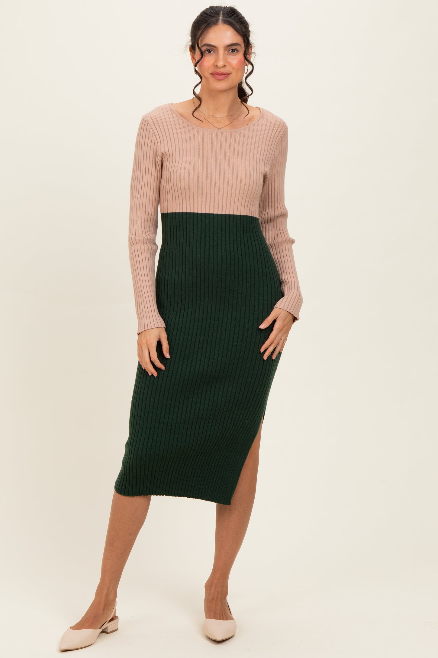 Beige Knit Colorblock Long Sleeve Maternity Midi Dress
