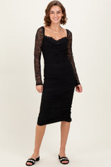 Black Ruched Lace Sleeve Midi Dress