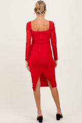 Red Ruched Lace Sleeve Maternity Midi Dress