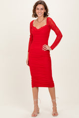 Red Ruched Lace Sleeve Midi Dress