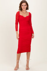 Red Ruched Lace Sleeve Midi Dress