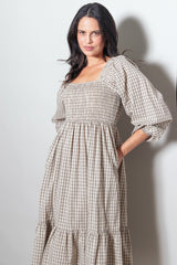 Beige Plaid Smocked Puff Sleeve Midi Dress