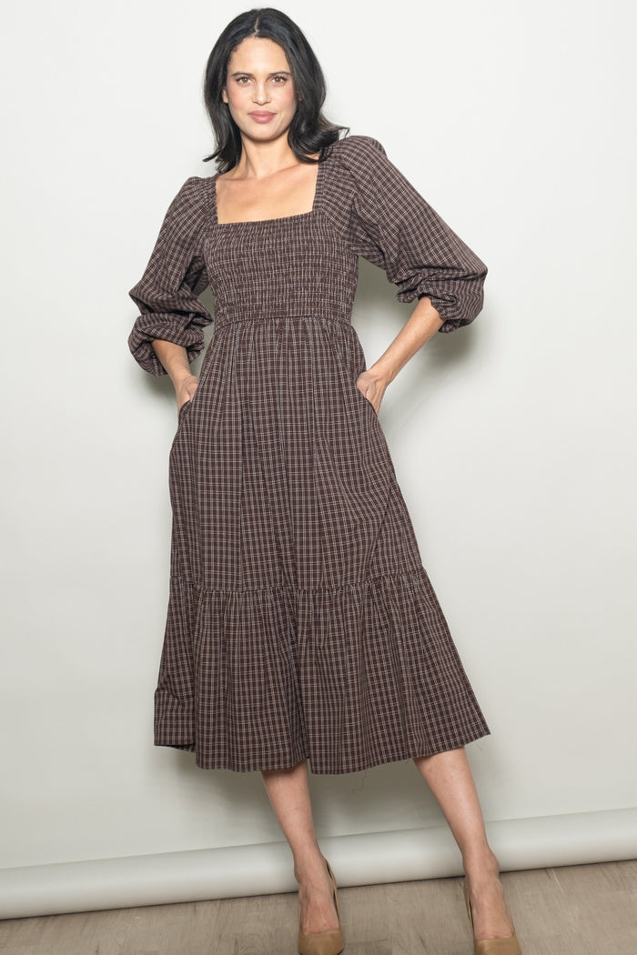 Brown Plaid Smocked Puff Sleeve Maternity Midi Dress