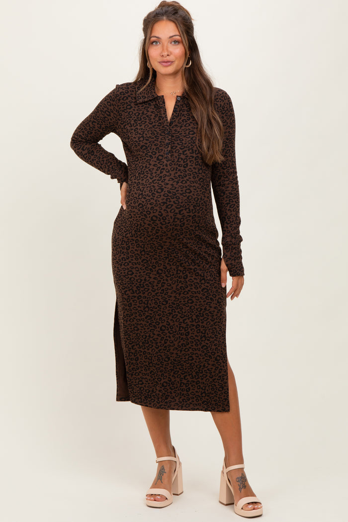 woman wearing a brown leopard print long sleeve maternity dress with a collar and side slits, showing baby bump