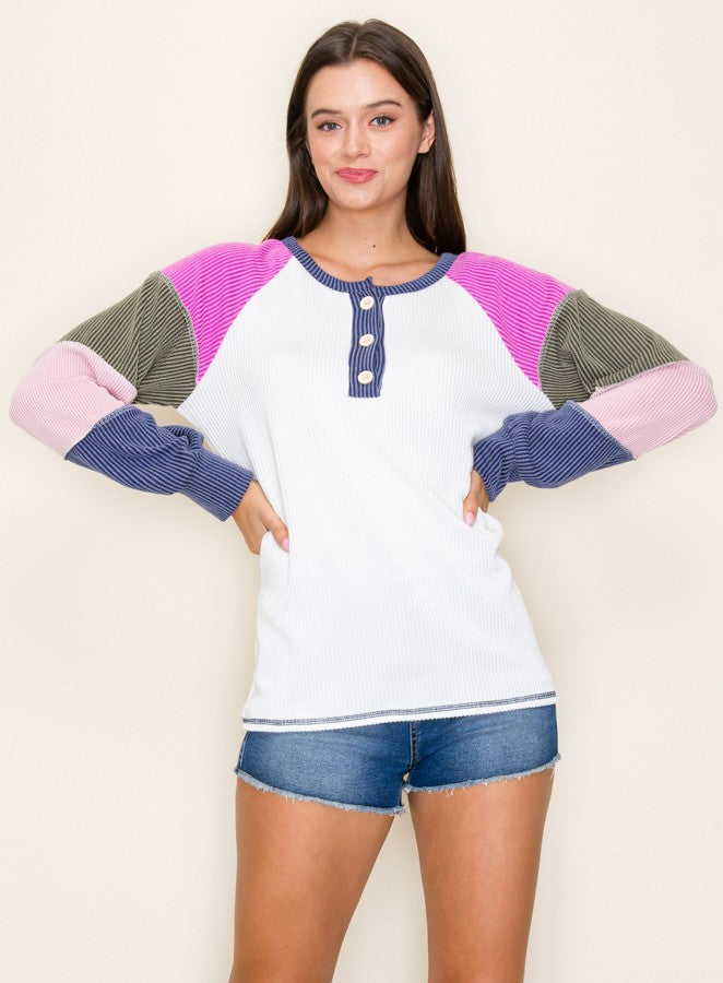Navy Blue Multi Textured Rib Colorblock Raglan Long Sleeve