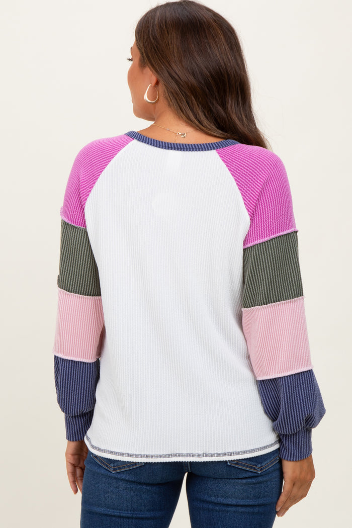 Navy Blue Multi Textured Rib Colorblock Raglan Maternity Long Sleeve