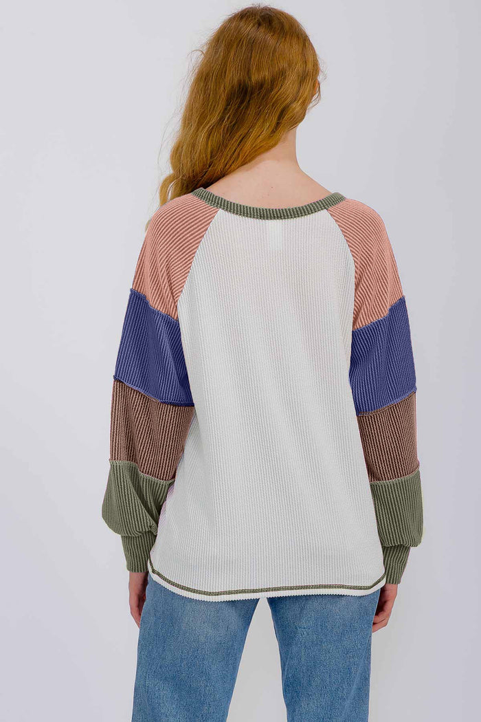 Olive Multi Textured Rib Colorblock Raglan Long Sleeve