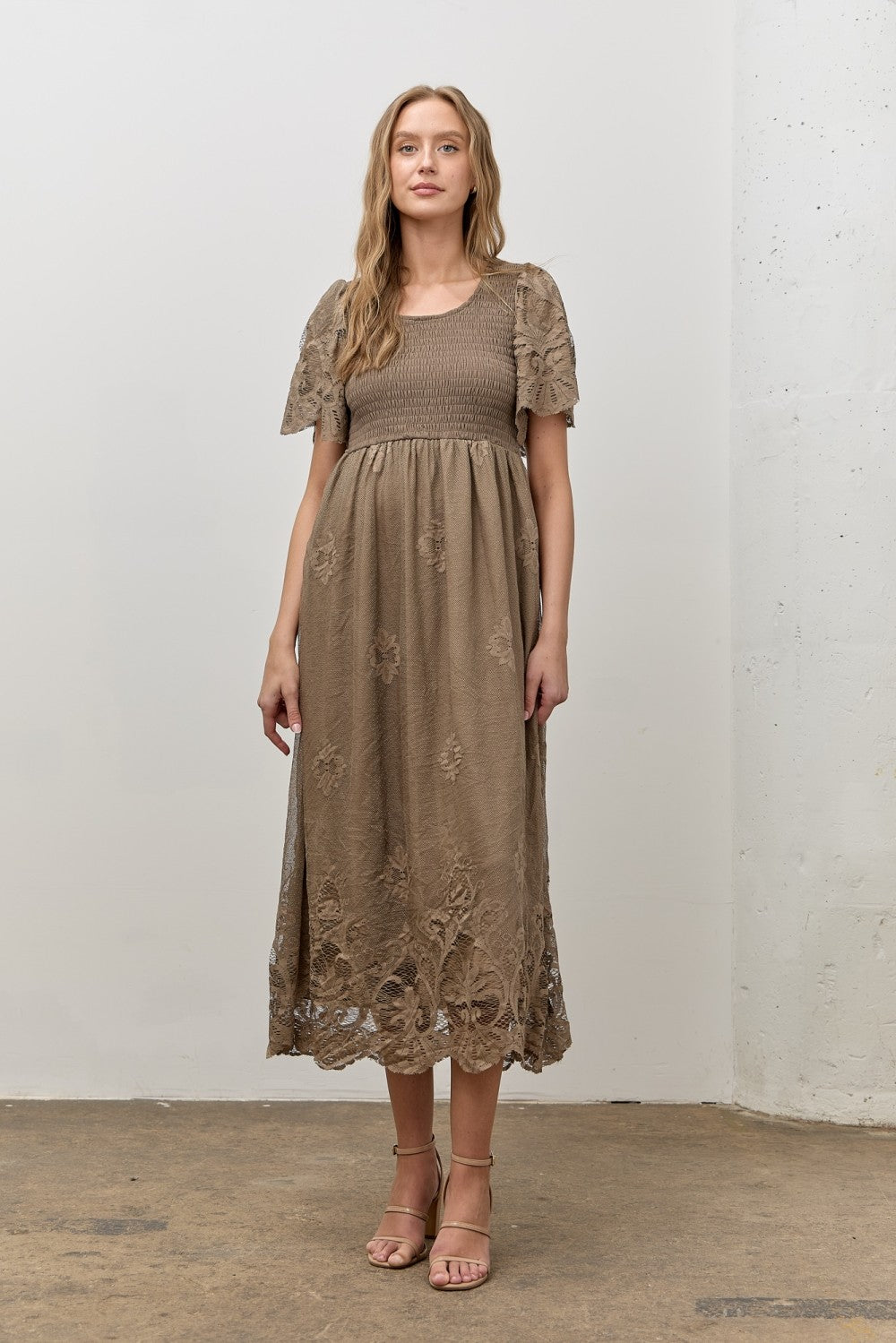 Olive Smocked Lace Detail Maternity Midi Dress