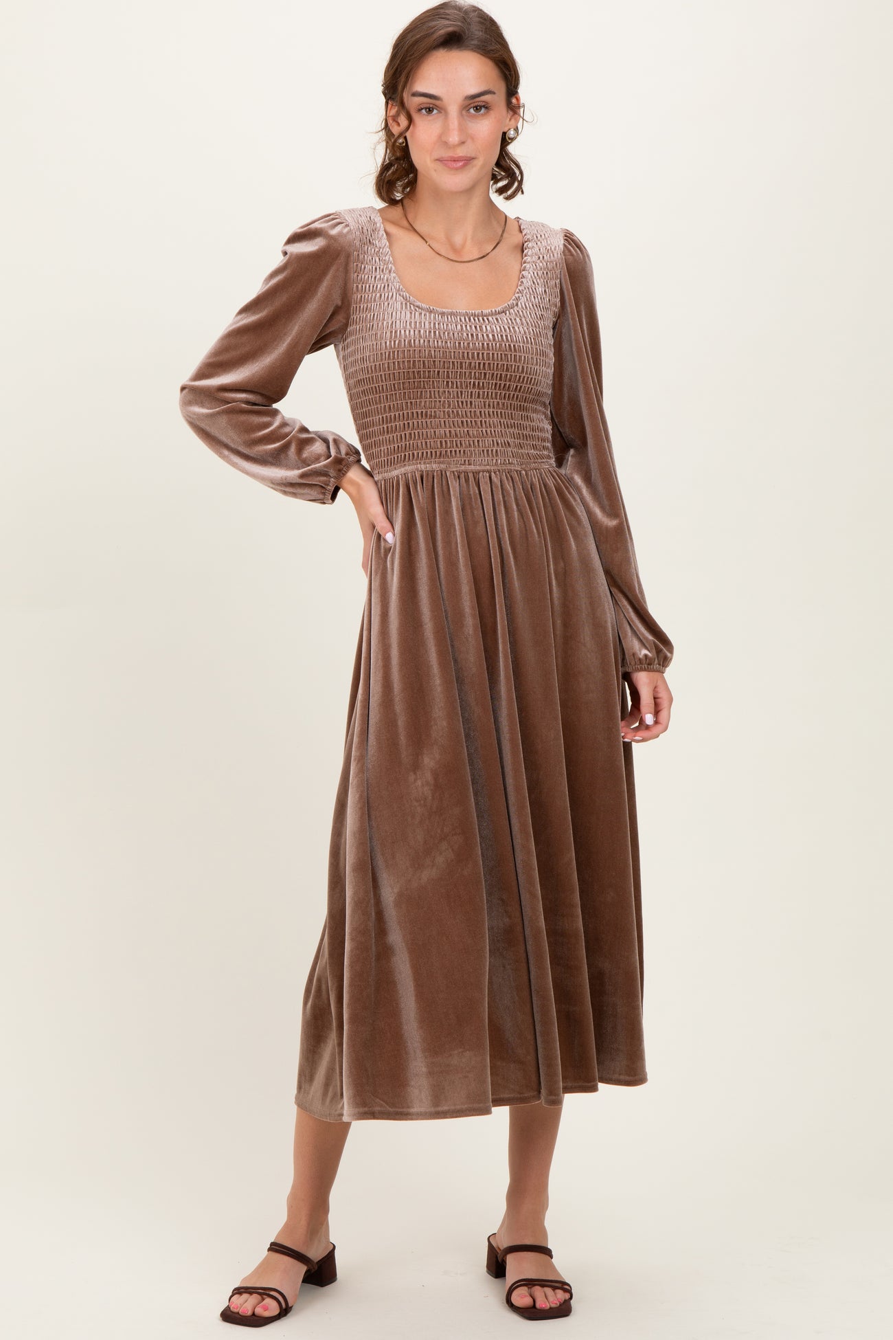 Mocha Velvet Smocked Long Sleeve Maternity Midi Dress