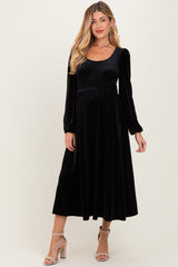 Black Velvet Smocked Long Sleeve Maternity Midi Dress
