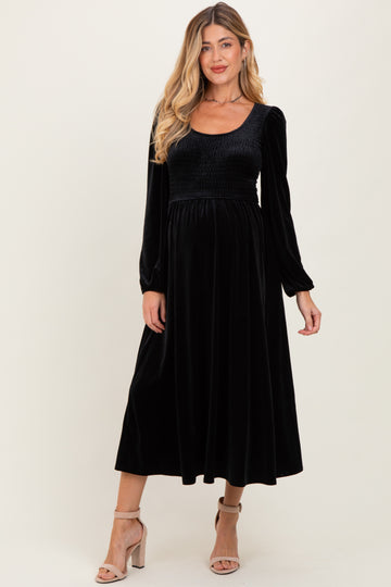 Black Velvet Smocked Long Sleeve Maternity Midi Dress