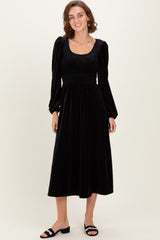 Black Velvet Smocked Long Sleeve Midi Dress