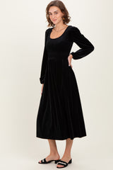 Black Velvet Smocked Long Sleeve Midi Dress