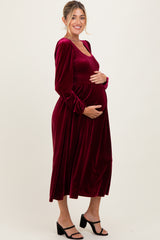 Burgundy Velvet Smocked Long Sleeve Maternity Midi Dress