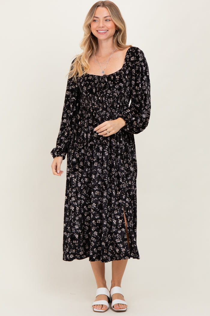 Black Floral Velvet Smocked Midi Dress