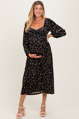 Black Floral Velvet Smocked Maternity Midi Dress
