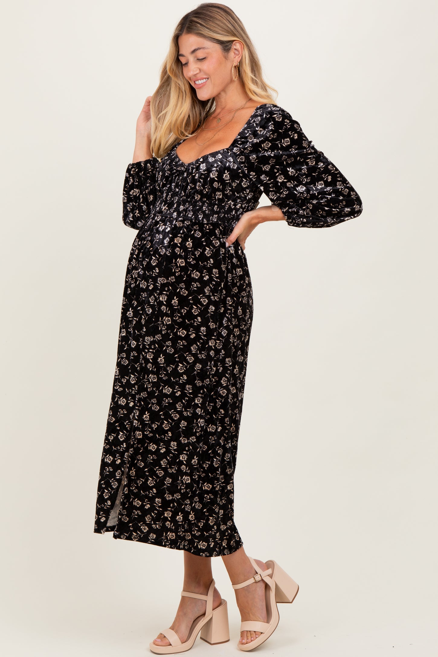 Black Floral Velvet Smocked Maternity Midi Dress