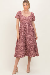 Mauve Floral Jacquard Puff Sleeve Midi Dress