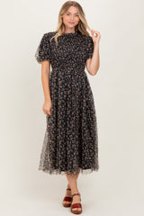 Black Floral Smocked Puff Sleeve Chiffon Maternity Midi Dress