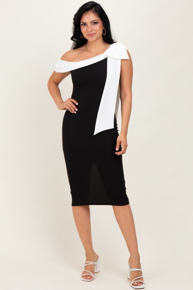 Black Oversized Bow One Shoulder Midi Dress