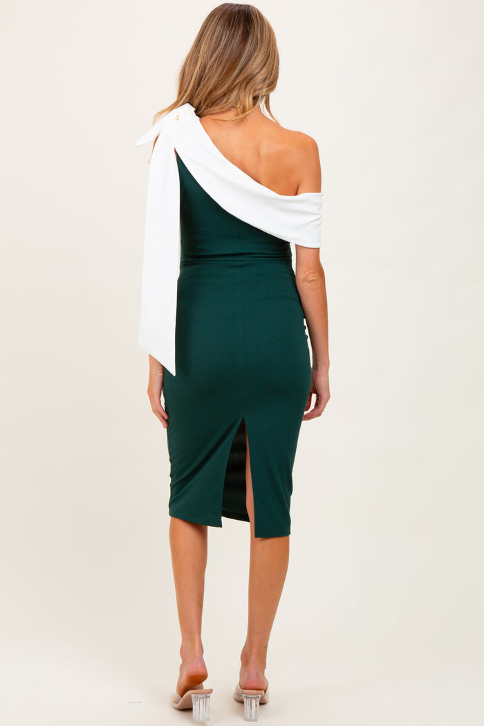 Forest Green Oversized Bow One Shoulder Maternity Midi Dress
