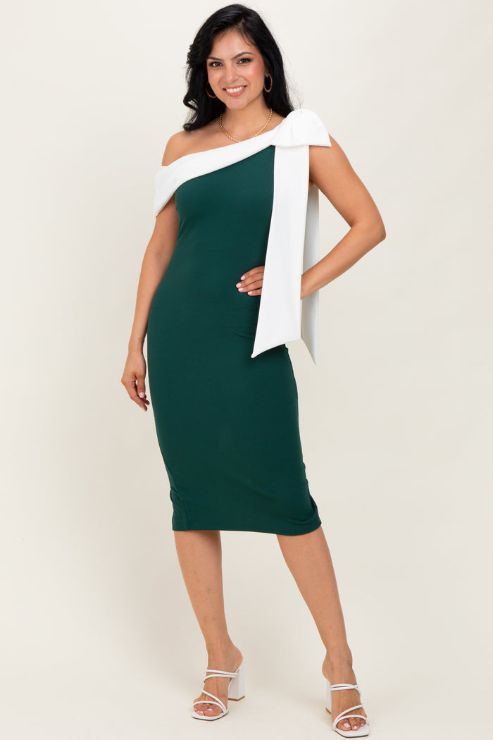 Forest Green Oversized Bow One Shoulder Maternity Midi Dress