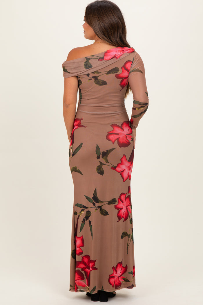 woman wearing a brown floral maternity dress with one shoulder exposed and a fitted silhouette