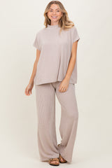 Cream Textured Rib Mock Neck Short Sleeve Pant Maternity Set