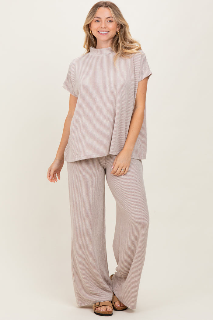 Cream Textured Rib Mock Neck Short Sleeve Pant Maternity Set
