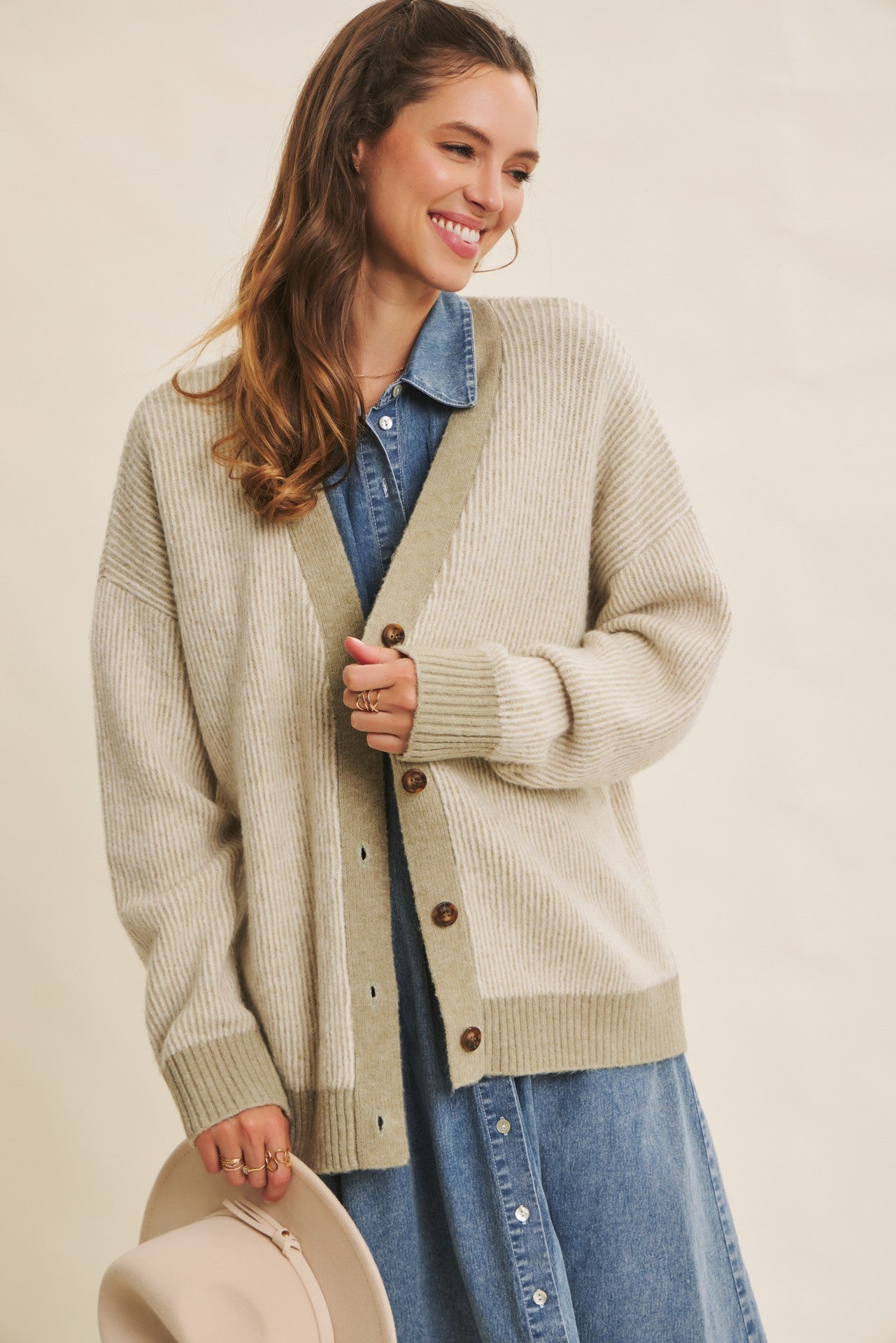 Light Olive Two-Tone Button-Down Maternity Cardigan