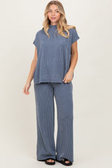 Blue Textured Rib Mock Neck Short Sleeve Pant Set