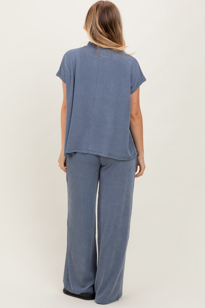 Blue Textured Rib Mock Neck Short Sleeve Pant Set