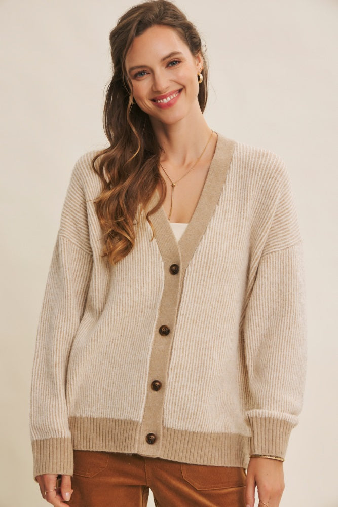 Taupe Two-Tone Button-Down Cardigan