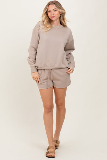 Beige Fleece Sweatshirt Shorts Set